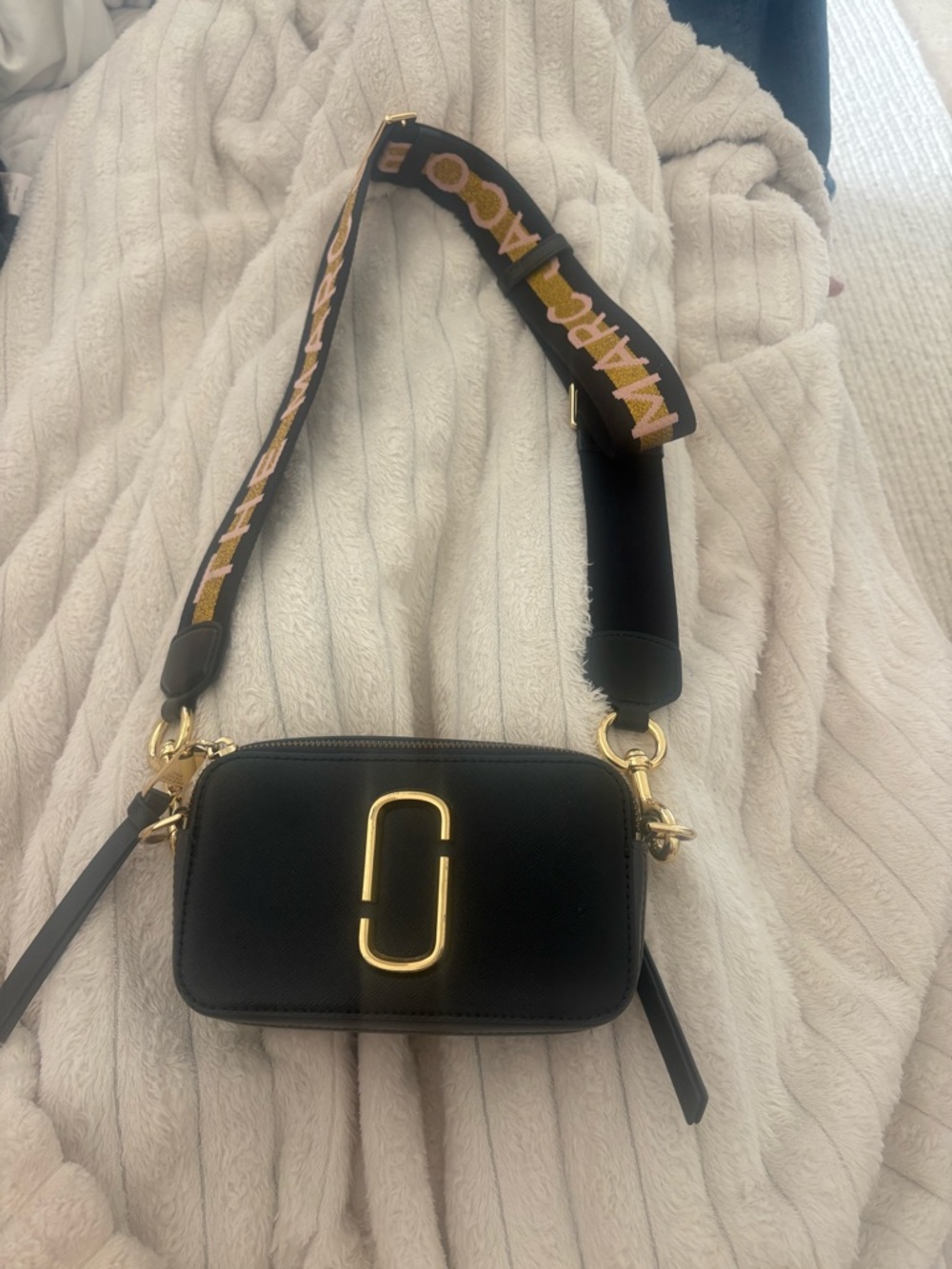 Marc Jacobs Black Leather Camera Crossbody with Logo Strap